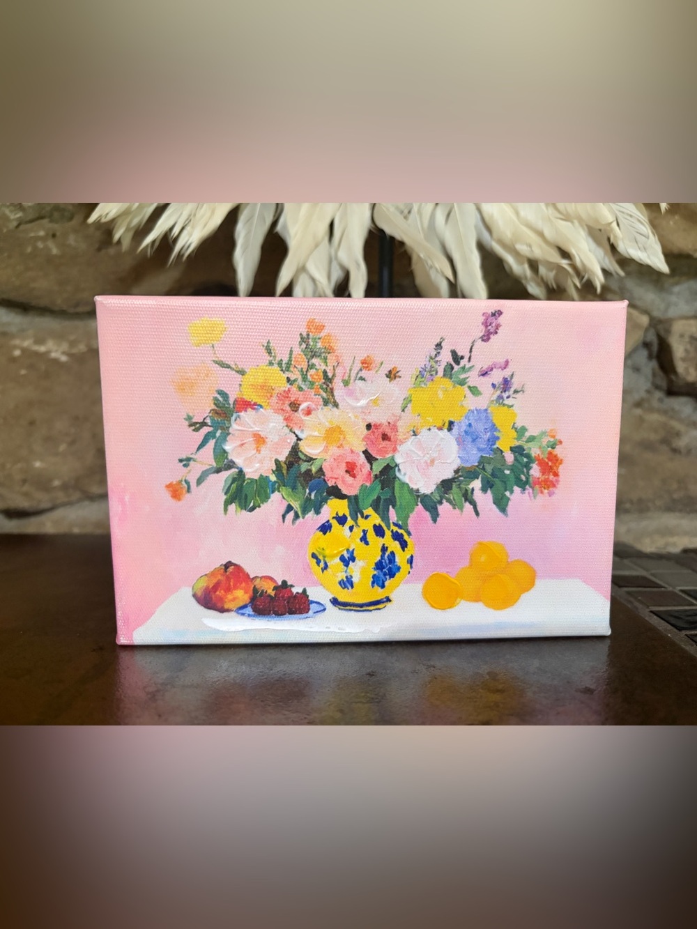 Raz Imports Floral Still Life Canvas Art - Yellow Blue Vase on Pink 6” x 4” - Picture 4 of 6